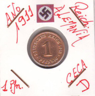 ALEMANIA - IMPERIO - DEUTSCHES REICH - 1  PFENNIG. . AÑO 1911-D - 1 Pfennig