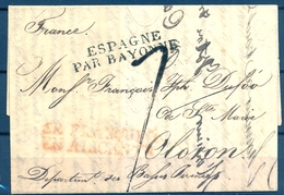 1827 , ALICANTE , CIRCULADA A OLORON , MARCA EN ROJO " SE FRANQUEO EN ALICANTE " , Y " ESPAGNE PAR BAYONNE " EN NEGRO - ...-1850 Prefilatelia