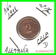 GERMANY - IMPERIO - DEUTSCHES REICH - 2 Pfn. AÑO 1911-D - Copper, 20 Mm - 2 Pfennig