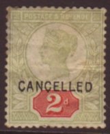 1887 Jubilee 2d Grey-green And Carmine Overprinted "CANCELLED", SG Spec K30t, Mint. Faults Including Faded Colour... - Other & Unclassified