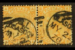 1873-80 8d Orange, Plate 1, SG 156, Used PAIR Bearing Twin Glasgow Cds, A Scarce Multiple (2 Stamps) For More... - Other & Unclassified