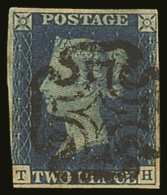 1840 2d Blue 'TH' Plate 2, SG 5, Finely Used With Neat Upright Almost Complete Black Maltese Cross Postmark, 3+... - Altri & Non Classificati