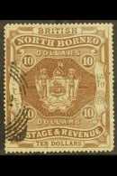 1889 $10 Brown Arms, "British North Borneo", SG 50, Very Fine Used With Squared Circle Cancel. For More Images,... - Nordborneo (...-1963)