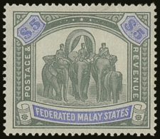 FEDERATED MALAY STATES 1900 $5 Green And Pale Ultramarine, Wmk CC, Elephants, SG 25a, Very Fine And Fresh Mint.... - Other & Unclassified