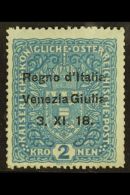 VENEZIA GIULIA 1918 2kr Blue Overprinted, Sass 15, Very Fine Mint. Signed Sorani. Cat €500 (£360) For... - Unclassified