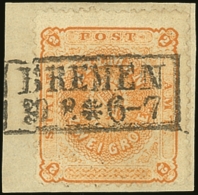 BREMEN 1866 2Gr Yellow Orange, Perf 13, Mi 10a Superb Used On Piece With Bremen 30.8.6 Cancel. For More Images,... - Sonstige & Ohne Zuordnung