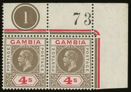 1922 4s Black And Red With WATERMARK INVERTED (SG 117w) A Spectacular Pair From The Upper- Right Corner Showing... - Gambia (...-1964)