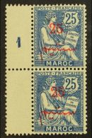MOROCCO 1911-17 25c On 25c Blue, 2 Dots Instead Of 3, Yvert 32b (Maury 34a), In Very Fine Mint Vertical Pair With... - Andere & Zonder Classificatie