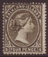 1885 4d Grey Black, Wmk CA Sideways, SG 10, Fine Mint, Some Light Staining On Gum Not Showing Through. For More... - Falkland Islands