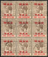 1919 1s Grey-black And Carmine Opt'd "WAR TAX", SG 104, Very Fine Cds Used BLOCK OF NINE. A Scarce Multiple Of... - Autres & Non Classés