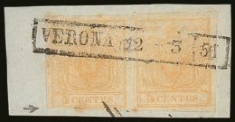 LOMBARDY VENETIA 1850 5c Yellow (first Printing) Mi 1Xc, Pair (one Just Cut Into At Foot), Tied To Piece By Full... - Otros & Sin Clasificación