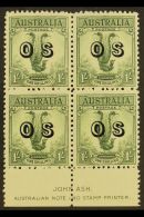 OFFICIAL 1932 1s Green, Lyrebird, "O S" Overprint In JOHN ASH Imprint Block Of 4, SG O136, Fine Mint, Hinged On... - Autres & Non Classés