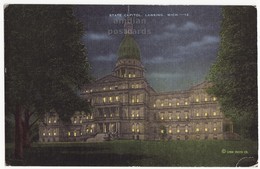 USA, LANSING MI, State Capitol Night View, Illuminated Dome, C1940s Unused Vintage Michigan Postcard - Lansing