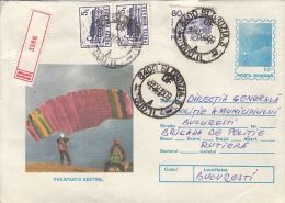 57704- KESTREL PARAGLIDER, PARACHUTTING, REGISTERED COVER STATIONERY, HOTELS STAMPS, 1995, ROMANIA - Fallschirmspringen