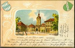 Rarität Litho Ansbach Herriederthor Herrieder Tor Wappen 14.6.1901 Nach Landshut Prägedruck - Ansbach