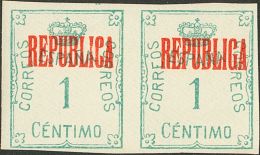 Barcelona. * 5hcc(2) 1 Cts Verde, Pareja. CAMBIO DE COLOR EN LA SOBRECARGA, En Rojo Y Un Sello Variedad "G" EN LUGAR DE - Otros & Sin Clasificación