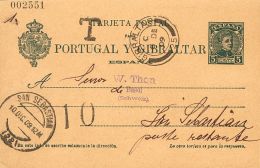 Sobre EP44i 1909. 5 Cts Verde Azul Sobre Tarjeta Entero Postal (de Ida) De GIBRALTAR A SAN SEBASTIAN. Tasada Con "10 Cts - Otros & Sin Clasificación