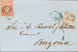 Isabel II. 11 De Abril De 1856. Papel Blanco. Sobre 48 1856. 4 Cuartos Rojo. GIJON A BAYONA (FRANCIA). Según El C - Otros & Sin Clasificación