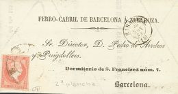 Isabel II. 11 De Abril De 1856. Papel Blanco. Sobre 48 1859. 4 Cuartos Rojo. ZARAGOZA A BARCELONA. En El Frente Impreso - Otros & Sin Clasificación