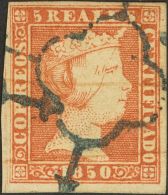 Isabel II. 1 De Enero De 1850. º 3 5 Reales Rojo. Matasello Mixto ARAÑA Y RAYA DE TINTA. MAGNIFICO. Cert. CE - Andere & Zonder Classificatie