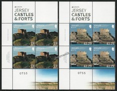 JERSEY - EUROPA-CEPT 2017.-TEMA:"CASTILLOS - CASTLES - SCHLÖSSER".-SERIE 2 V. LOGO EUROPA En BLOCKS De 4 + IGUAL NUMERO - 2017