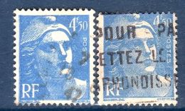 2 Timbres 4,50 Bleu Gandon Oblitérés Dont 1 Avec Variété: De Piquage, Petit Format à Coté Du Normal - Gebraucht