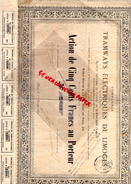 87 - LIMOGES - TRES RARE ACTION DE 500 CENTS FRANCS AU PORTEUR - TRAMWAYS ELECTRIQUES - TRAMWAY- LYON 1897 - Transport