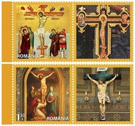 ROMANIA, 2017, HOLY EASTER, Religion, Painting, Icons, Crucifix, Set Of 2 Stamps + Label, MNH (**), LPMP 2137 - Nuovi