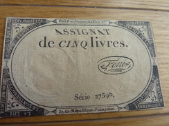 ASSIGNAT DE CINQ LIVRES SERIE 27590  31 OCTOBRE 1793  10 BRUMAIRE L'AN 2 - Assignats & Mandats Territoriaux