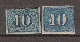 BRASIL / BRAZIL / BRESIL 1854, 2 Timbres Yvert N°19 A , 10 R BLEU Avec Nuances ,neufs (*)  B/TB Cote 32 Euros - Ungebraucht