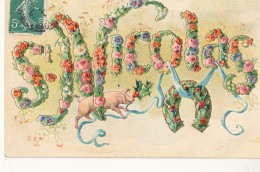 SAINT NICOLAS    CARTE GAUFFREE  FLEURS DANS LES LETTRES + FER A CHEVAL + COCHON - Saint-Nicholas Day