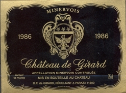 491 - France - 1986 - Minervois - Château De Girard - D.P. De Girard Récoltant à Paraza 11200 - Vino Rosso