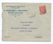 1745 - Enveloppe + Lettre 1932 Béton Armé MARCOZZI MOLINARI Mohon Ardennes Semeuse Pour Sens - 1921-1960: Période Moderne