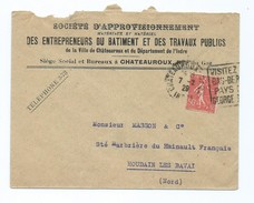 1819 - Lettre 1929 Travaux Publics Chateauroux Sépartement Indre Daguin Semeuse Pour Houdain Lez Bavay - 1921-1960: Modern Period
