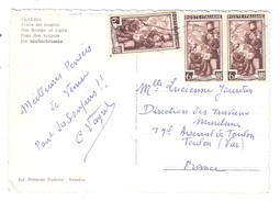 ITALIA / Italie , Yvert PAIRE N° 576 + 1 Ex Brodeuse / Porteuse D'eau 6 L Obl Carte VENEZIA ,Ponte Dei Sospiri 1950 , TB - 1946-60: Storia Postale