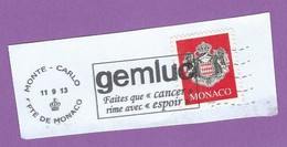 MONACO TIMBRE OBLITERE SUR FRAGMENT FLAMME GEMLUC FAITES QUE CANCER RIME AVEC ESPOIR - Franking Machines (EMA)