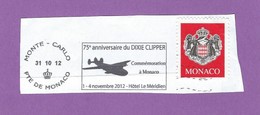 MONACO TIMBRE OBLITERE SUR FRAGMENT FLAMME 75EME ANNIVERSAIRE DU DIXIE CLIPPER AVIATION - Maschinenstempel (EMA)