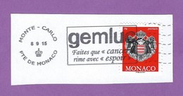 MONACO TIMBRE OBLITERE SUR FRAGMENT FLAMME GEMLUC FAITES QUE CANCER RIME AVEC ESPOIR - Franking Machines (EMA)