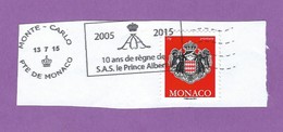 MONACO TIMBRE OBLITERE SUR FRAGMENT FLAMME 10 ANS DE REGNE DU PRINCE ALBERT II - Maschinenstempel (EMA)