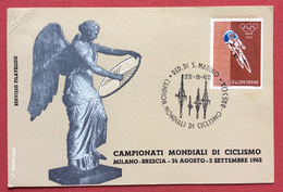 SAN MARINO CAMPIONATI MONDIALI DI CICLISMO BRESCIA 1962  CARTOLINA DI MANCIOLI CON ANNULLO SPECIALE - Plaatfouten En Curiosa