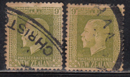9d Shades, (Sage Green & Yellow Green) Used 1915 & 1925,  Perf., 14 X 13½,  KGV Series New Zealand - Gebraucht