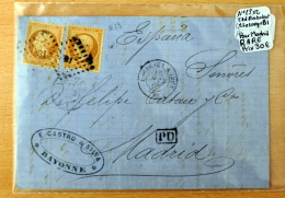 Lettre N°23x2, Ambulant "BORDEAUX à IRUN" + Losange "Bi" (notez Le I Minuscule) De BAYONNE à MADRID, Cachet "PD"(B42-L5) - 1849-1876: Classic Period