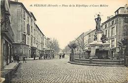 Delcampe - -ref-R492- Herault - Pezenas - Place De La Republique Et Cours Moliere - Petit Plan Magasin Allary -magasins - - Pezenas