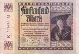 REICH GERMANY / NAZI GERMANY - BANK NOTE - 1922 - 5000 MARK - Andere & Zonder Classificatie