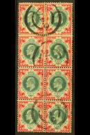 1902-10 1s Dull Green & Scarlet Chalky Paper De La Rue Printing, SG 259, Fine Used BLOCK Of 8 (2x4) Cancelled... - Non Classificati