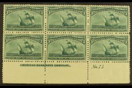 1893 3c Green Columbus, Scott 232, Never Hinged Mint Marginal PLATE BLOCK OF 6 WITH IMPRINT, Good Centering, Very... - Other & Unclassified