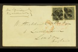 1868 (July) Cover Addressed To London, Bearing 1867 12c Black E Grill Horiz PAIR (Scott 90, SG 92) Tied By Cork... - Other & Unclassified