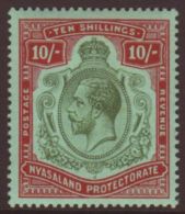 1913-21 10s Green And Deep Scarlet On Green SG 96e, Superb Never Hinged Mint. For More Images, Please Visit... - Nyassaland (1907-1953)