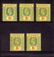 1914-29 5s Green And Red / Yellow Wmk Mult Crown CA FIVE LISTED SHADES, SG 10, 10a, 10c, 10d & 10e, Very Fine... - Nigeria (...-1960)