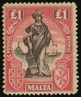 1922-6 £1 Black & Carmine-red, Wmk Script CA Sideways, SG 139, Fine Mint. For More Images, Please Visit... - Malta (...-1964)